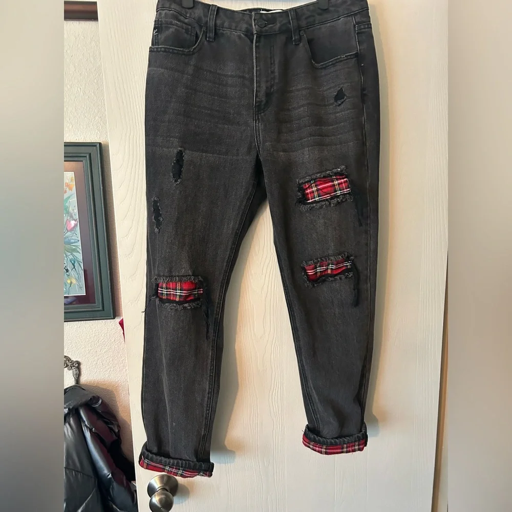 Black plaid patch jeans Kancan - Picture 1 of 4
